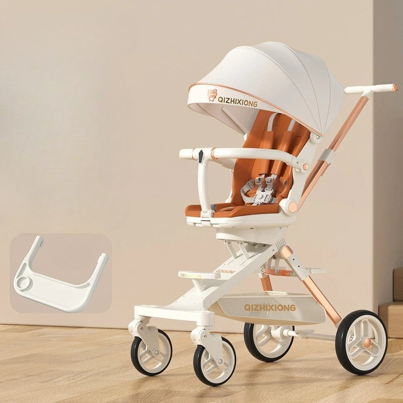 Cărucior sport 3in1, 6-36 luni , reversibil, pliabil, tăviță pentru masa, roti 360 si parasolar-Model Panda -Alb