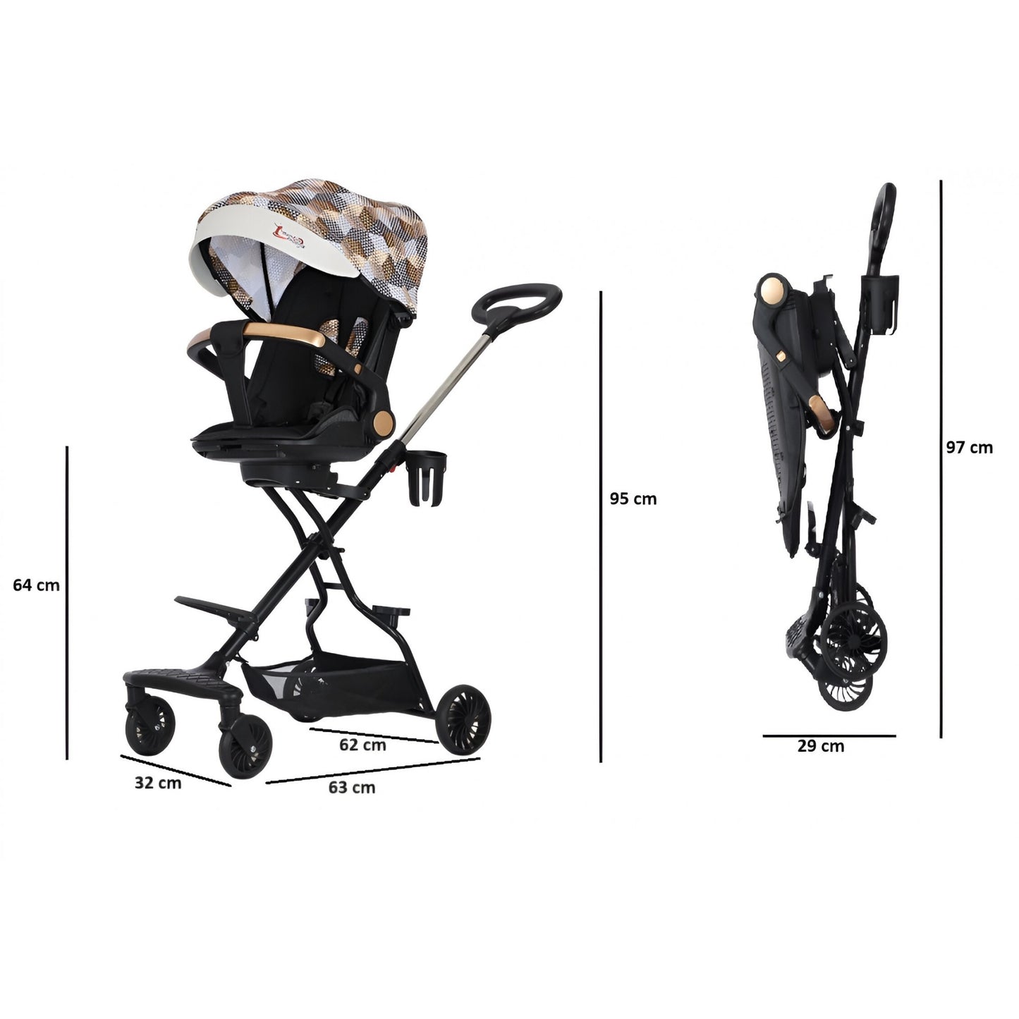 Cărucior sport 3in1, 6-36 luni , reversibil, pliabil, tăviță pentru masa, roti 360 si parasolar - Model Carouri - Maro