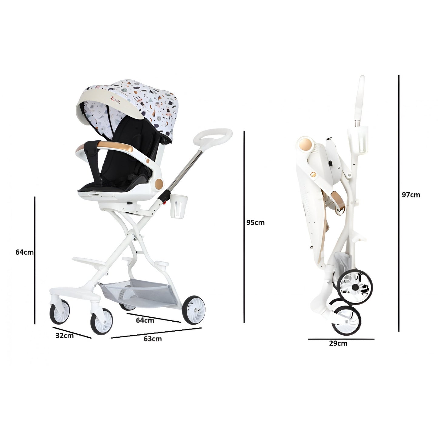 Cărucior sport 3in1, 6-36 luni , reversibil, pliabil, tăviță pentru masa, roti 360 si parasolar - Model Cosmos - Bej
