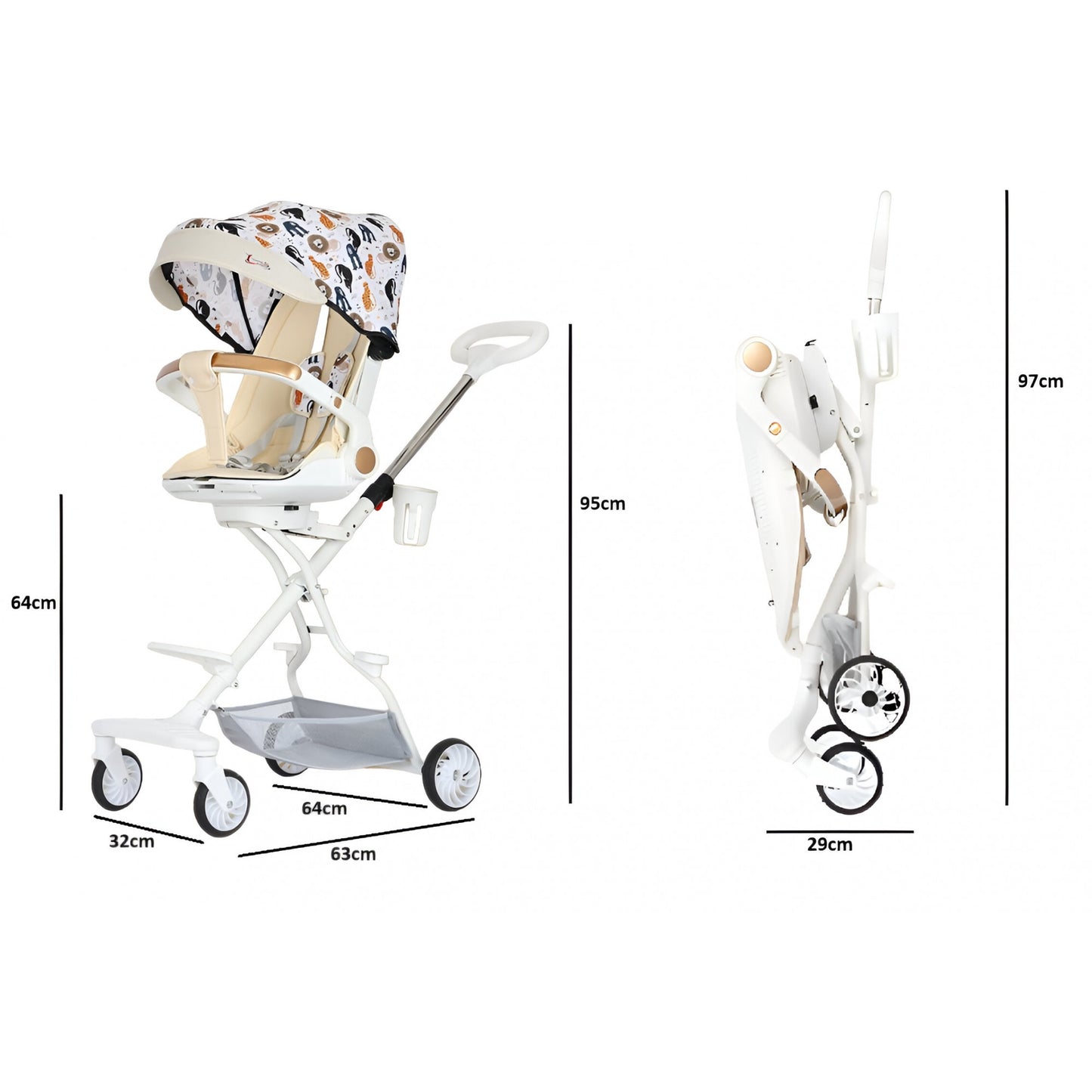 Cărucior sport 3in1, 6-36 luni , reversibil, pliabil, tăviță pentru masa, roti 360 si parasolar-Model Jungle -Crem