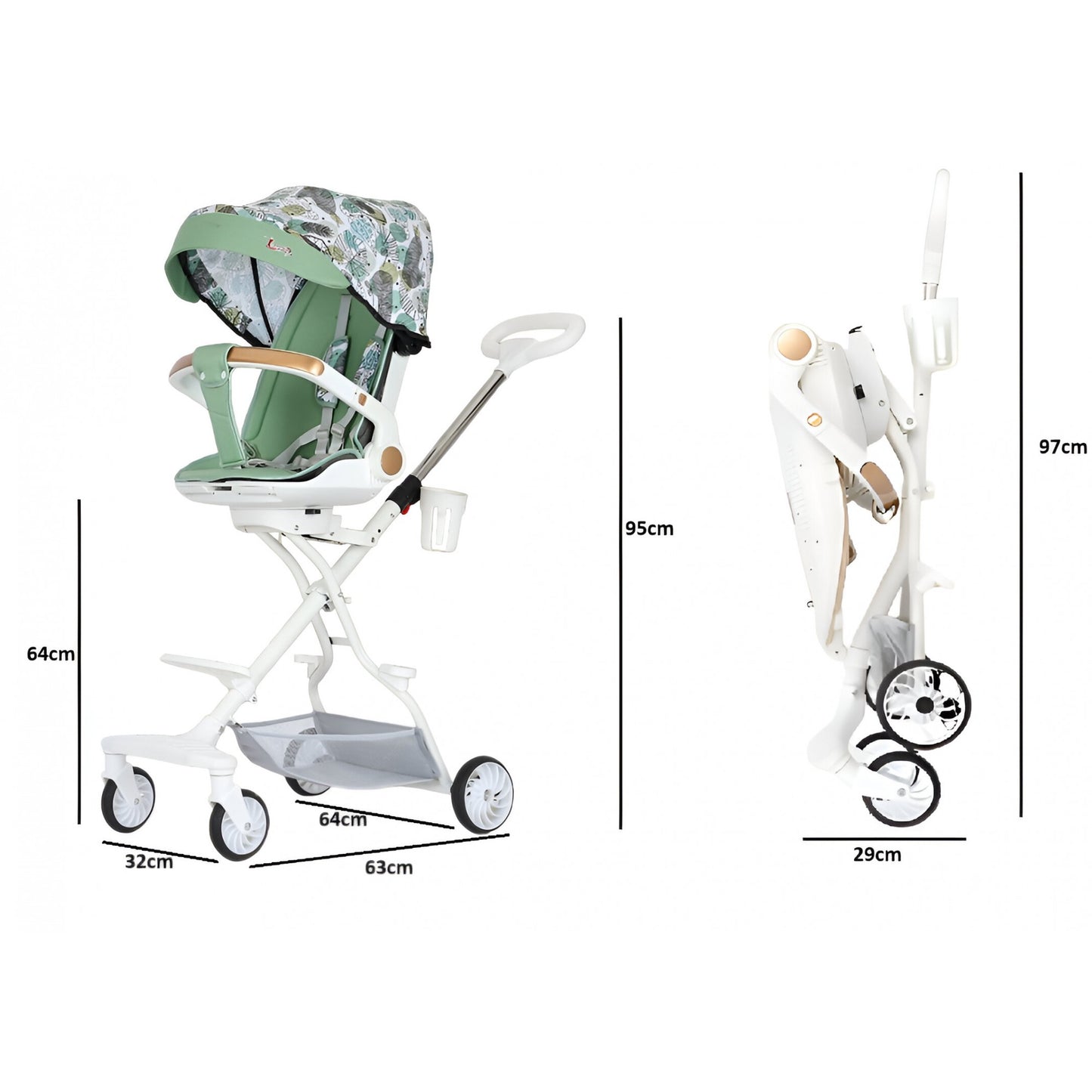 Cărucior sport 3in1, 6-36 luni , reversibil, pliabil, tăviță pentru masa, roti 360 si parasolar - Model Frunze - Verde