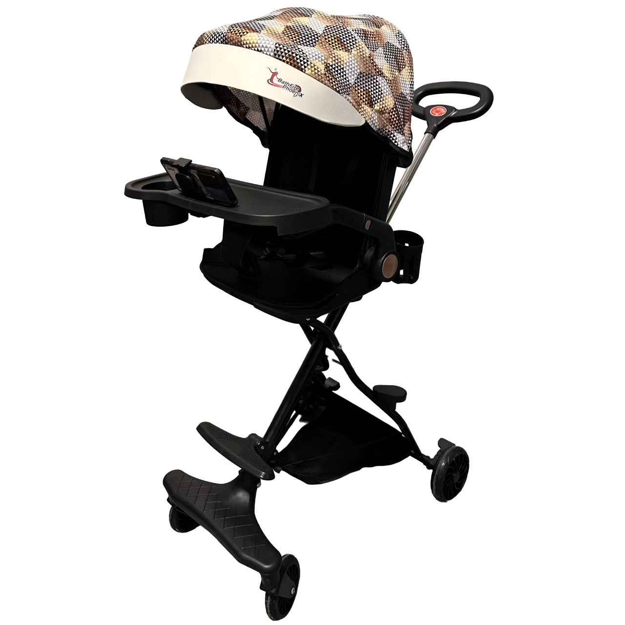 Cărucior sport 3in1, 6-36 luni , reversibil, pliabil, tăviță pentru masa, roti 360 si parasolar - Model Carouri - Maro