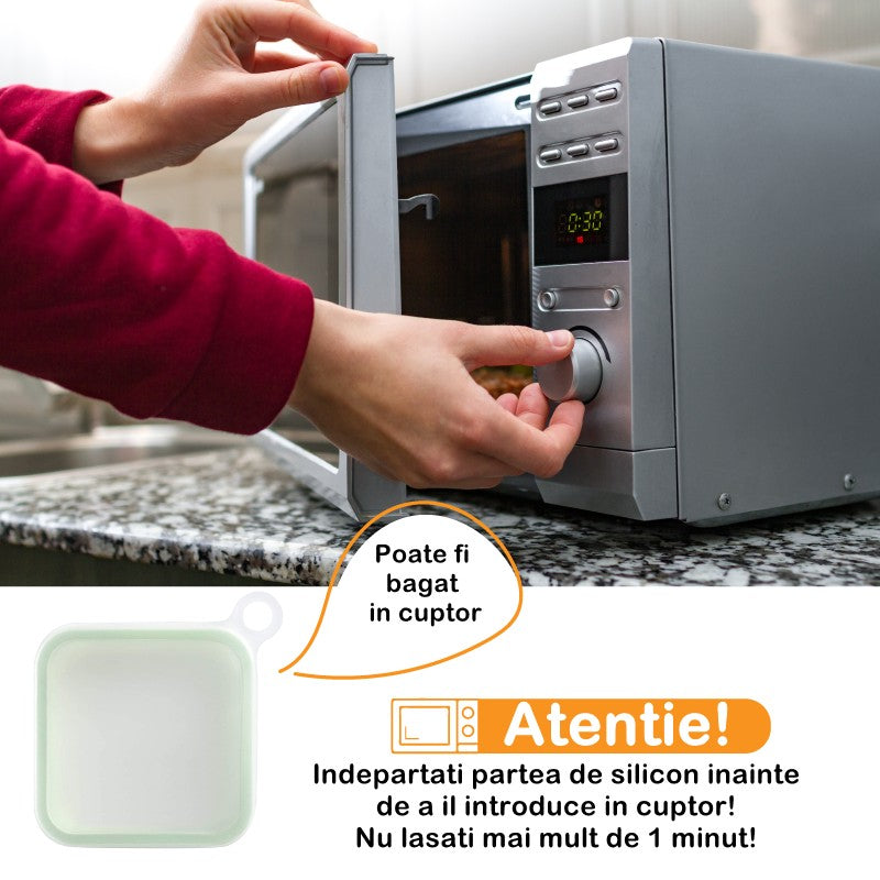 Caserola pentru Sandvici din Silicon si Polipropilenă cu capac anti-scurgere 15,5x15,5x2,5cm