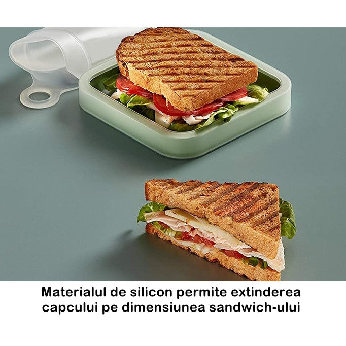 Caserola pentru Sandvici din Silicon si Polipropilenă cu capac anti-scurgere 15,5x15,5x2,5cm