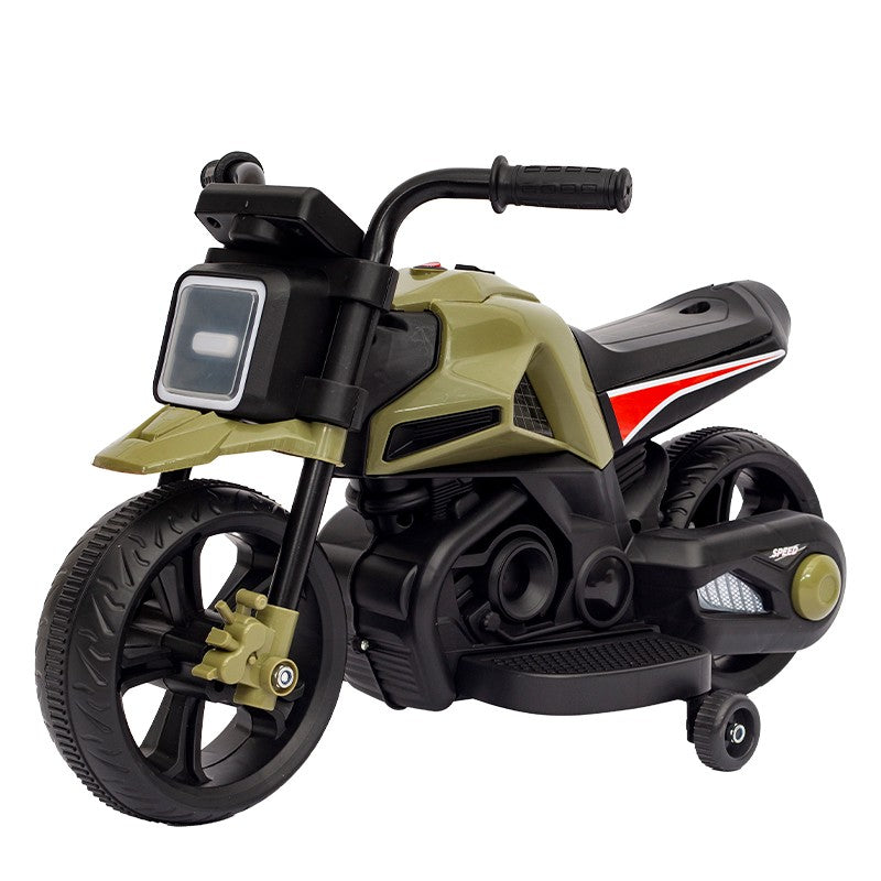 MOTOCICLETA ELECTRICA CU 2 ROTI MARI SI 2 ROTI AJUTATOARE, ACUMULATOR INCARCARE, ANTI-RASTURNARE, LUMINI, MUZICA, MOTOR:380, BATERIE 6V4.5, 41.5X70X34 CM, 4.5 KG, 3 ANI+, VERDE NEGRU