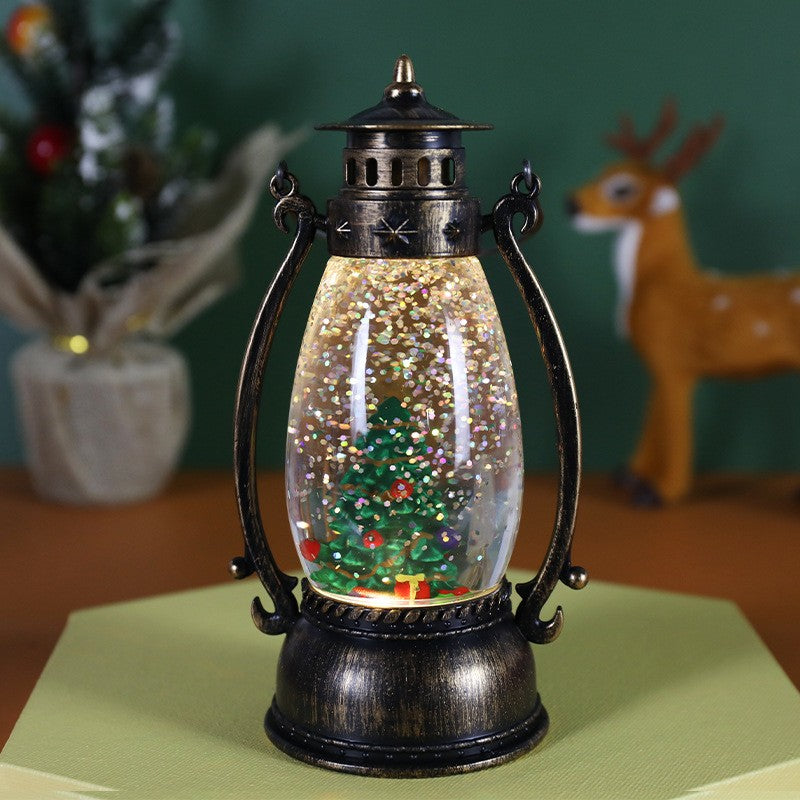 Decorațiune Crăciun, Felinar cu LED, Model Lampă cu Ulei, Brad de Crăciun, cu Mâner, 14 cm