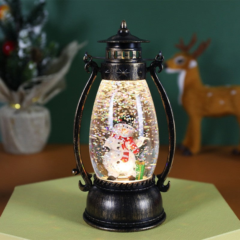Decorațiune Crăciun, Felinar de Crăciun cu LED, Model Lampă cu Ulei, Om de Zapada, cu Mâner, 14 cm
