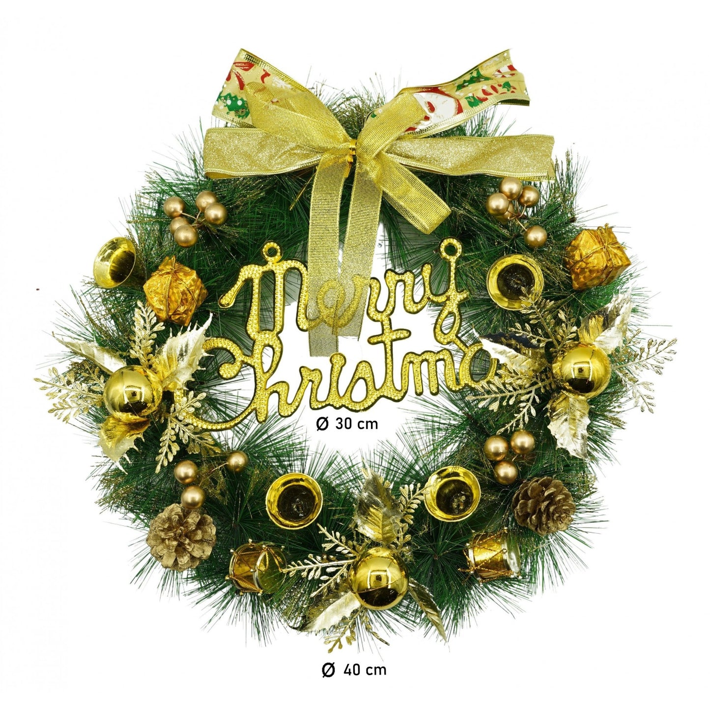 Coroniță Crăciun pentru ușa decorată cu conuri, globulețe model "Marry Christmas",40 cm