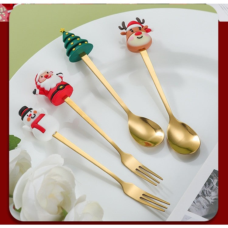 Set 4 Tacâmuri – Tematică Crăciun | 2 Linguri + 2 Furculițe cu Figurine | Oțel Inoxidabil 410 |