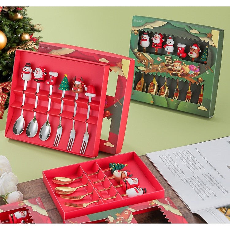 Set 6 Tacâmuri – Tematică Crăciun | 3 Linguri + 3 Furculițe cu Figurine | Oțel Inoxidabil 410 |- Argintiu