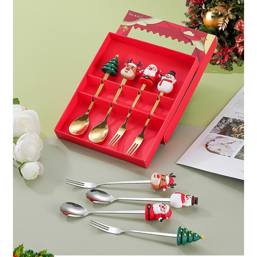 Set 6 Tacâmuri – Tematică Crăciun | 3 Linguri + 3 Furculițe cu Figurine | Oțel Inoxidabil 410 |- Argintiu