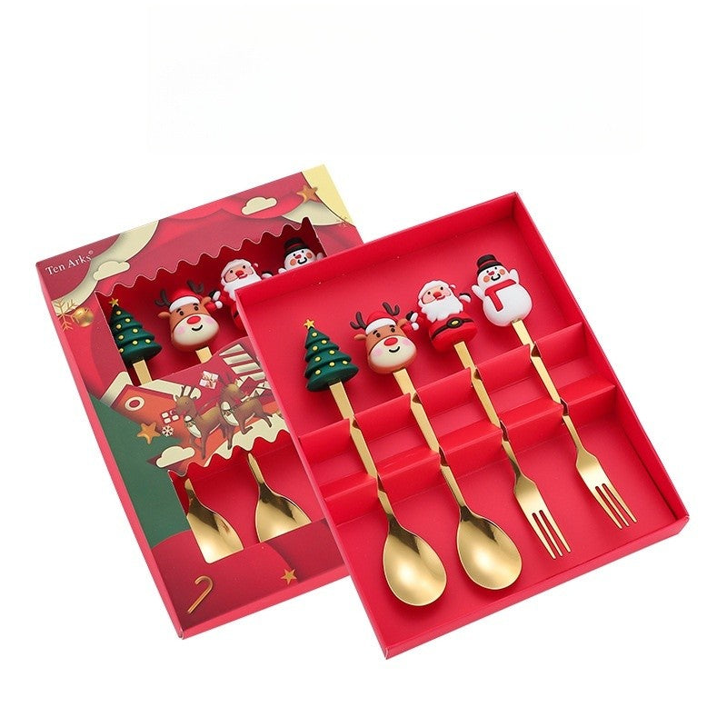 Set 4 Tacâmuri – Tematică Crăciun | 2 Linguri + 2 Furculițe cu Figurine | Oțel Inoxidabil 410 |