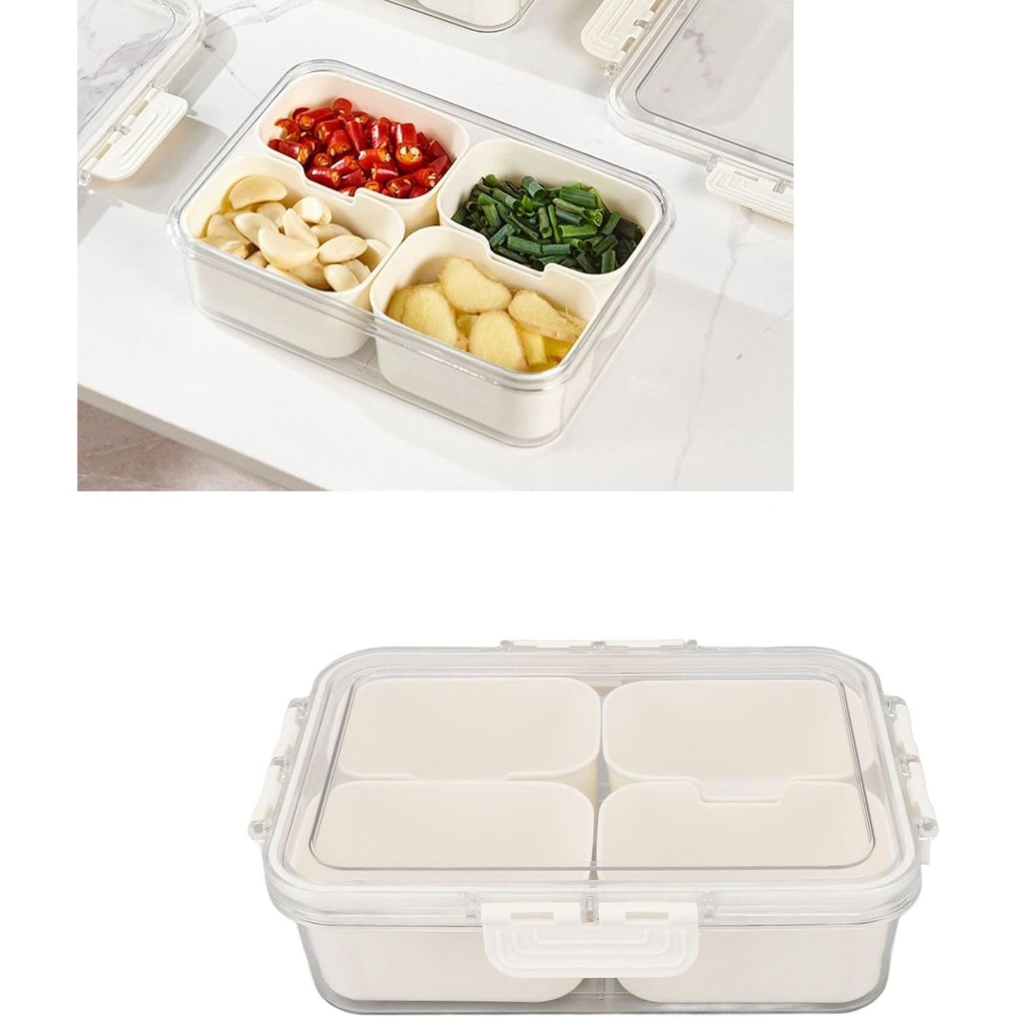 Cutie Alimentară Multifuncțională, pentru Condimente și Gustări, Închidere Etanșă, cu Capac și Mâner, 4 Compartimente, 25 x 8 x 18 cm, Alb