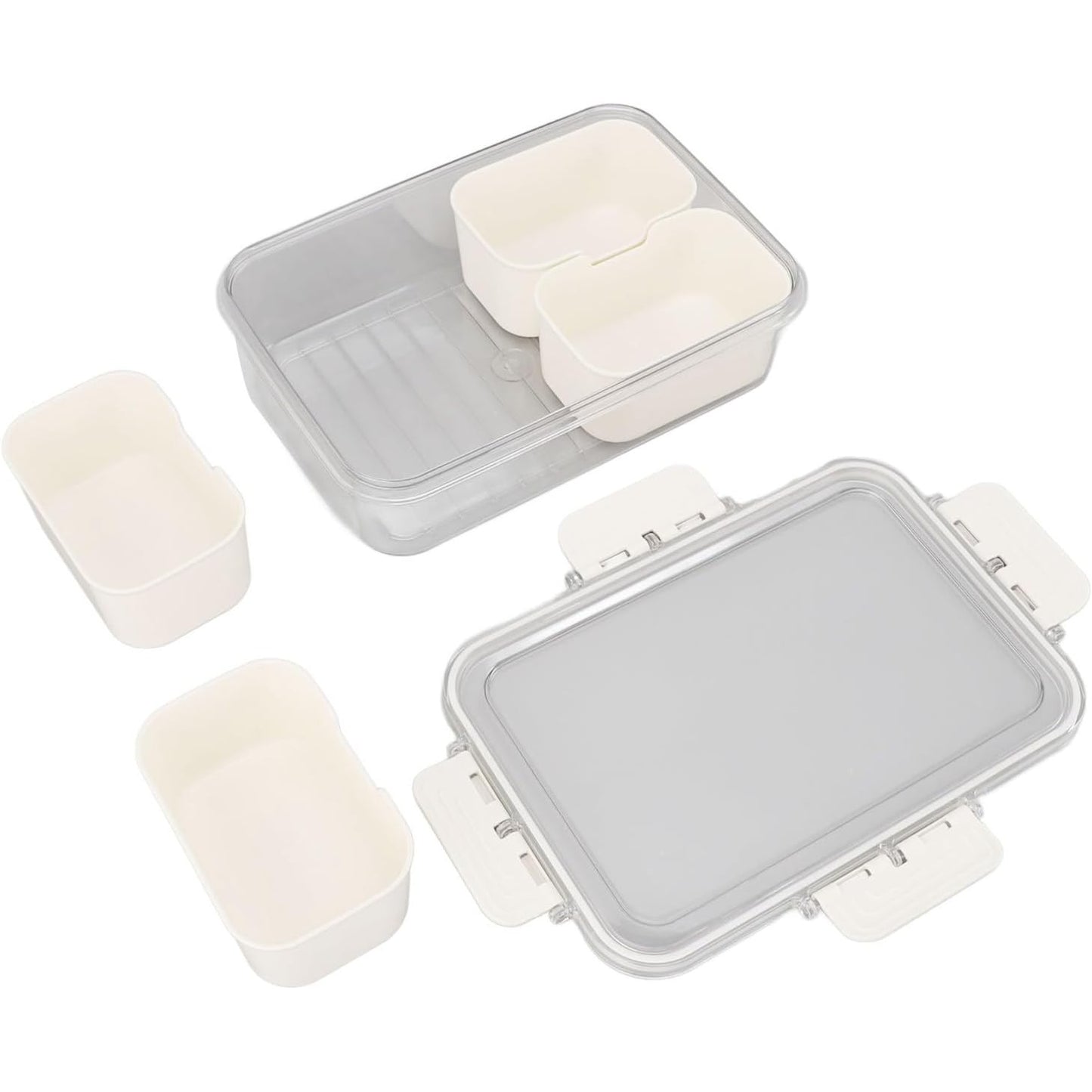 Cutie Alimentară Multifuncțională, pentru Condimente și Gustări, Închidere Etanșă, cu Capac și Mâner, 4 Compartimente, 25 x 8 x 18 cm, Alb