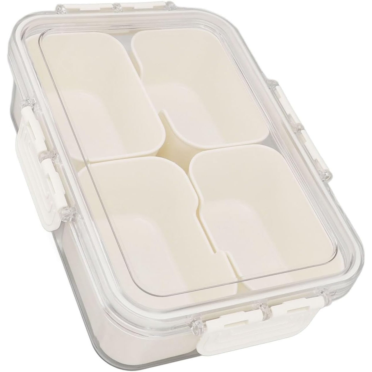 Cutie Alimentară Multifuncțională, pentru Condimente și Gustări, Închidere Etanșă, cu Capac și Mâner, 4 Compartimente, 25 x 8 x 18 cm, Alb