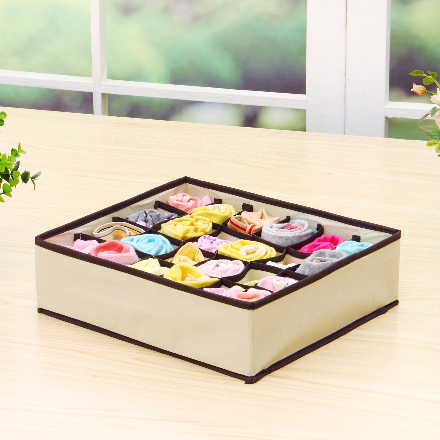 Cutie de depozitare pentru Lenjerie , material textil, 24 comportamente, 32 X 32 X 10 cm Bej