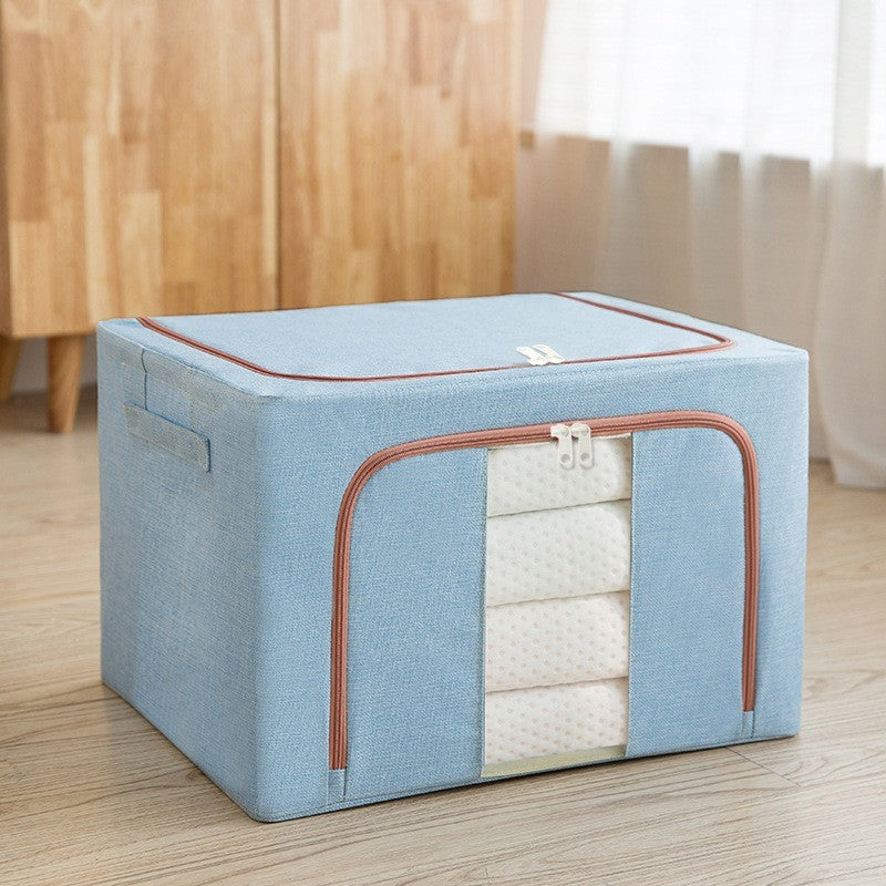 Cutie de Depozitare Pliabila, 100 L, din Bumbac si In, 60x42x40 cm, 2 Ferestre, Frontala si Laterala, 2 Usi de Acces cu Fermoar Bidirectional, Cadru Metalic, Suport Baza Stabil din Plastic, Bleu