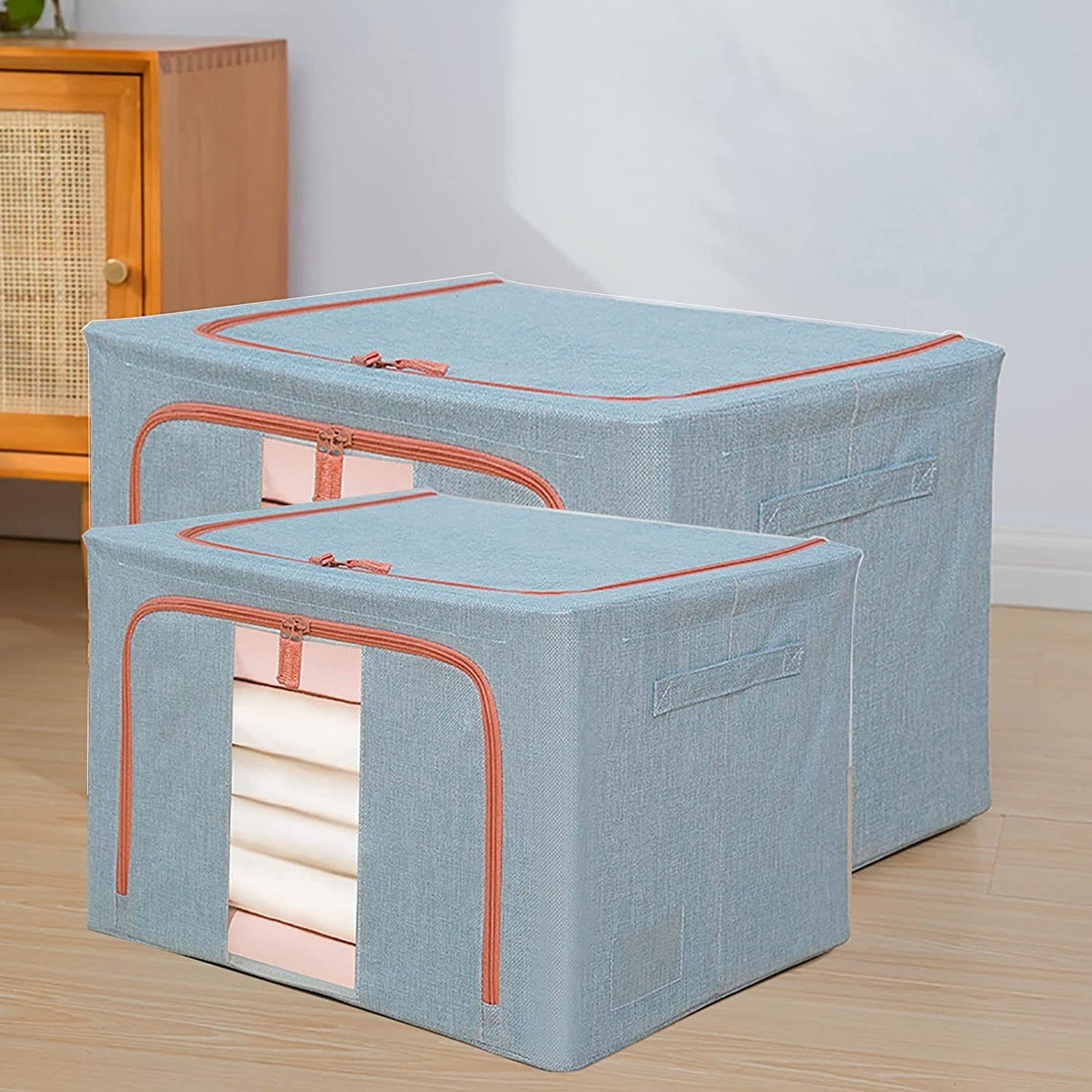 Cutie de Depozitare Pliabila, 100 L, din Bumbac si In, 60x42x40 cm, 2 Ferestre, Frontala si Laterala, 2 Usi de Acces cu Fermoar Bidirectional, Cadru Metalic, Suport Baza Stabil din Plastic, Bleu