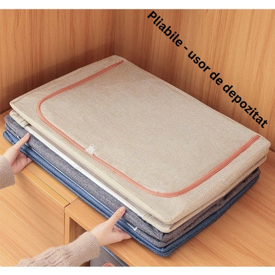 Cutie de Depozitare Pliabila, 100 L, din Bumbac si In, 60x42x40 cm, 2 Ferestre, Frontala si Laterala, 2 Usi de Acces cu Fermoar Bidirectional, Cadru Metalic, Suport Baza Stabil din Plastic, Bleu