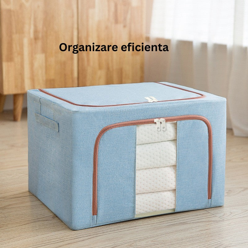Cutie de Depozitare Pliabila, 100 L, din Bumbac si In, 60x42x40 cm, 2 Ferestre, Frontala si Laterala, 2 Usi de Acces cu Fermoar Bidirectional, Cadru Metalic, Suport Baza Stabil din Plastic, Bleu