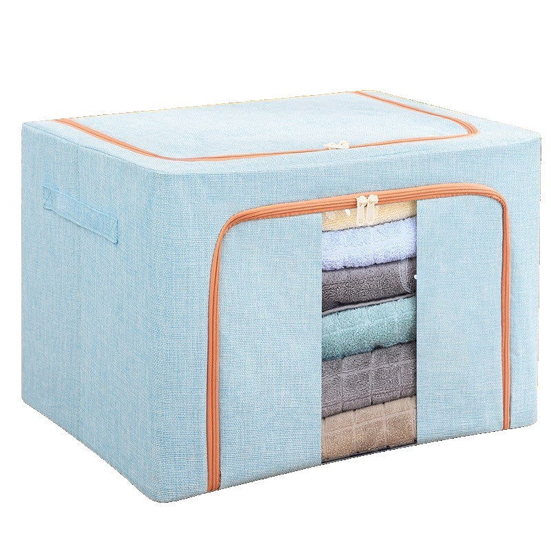 Cutie de Depozitare Pliabila, 100 L, din Bumbac si In, 60x42x40 cm, 2 Ferestre, Frontala si Laterala, 2 Usi de Acces cu Fermoar Bidirectional, Cadru Metalic, Suport Baza Stabil din Plastic, Bleu