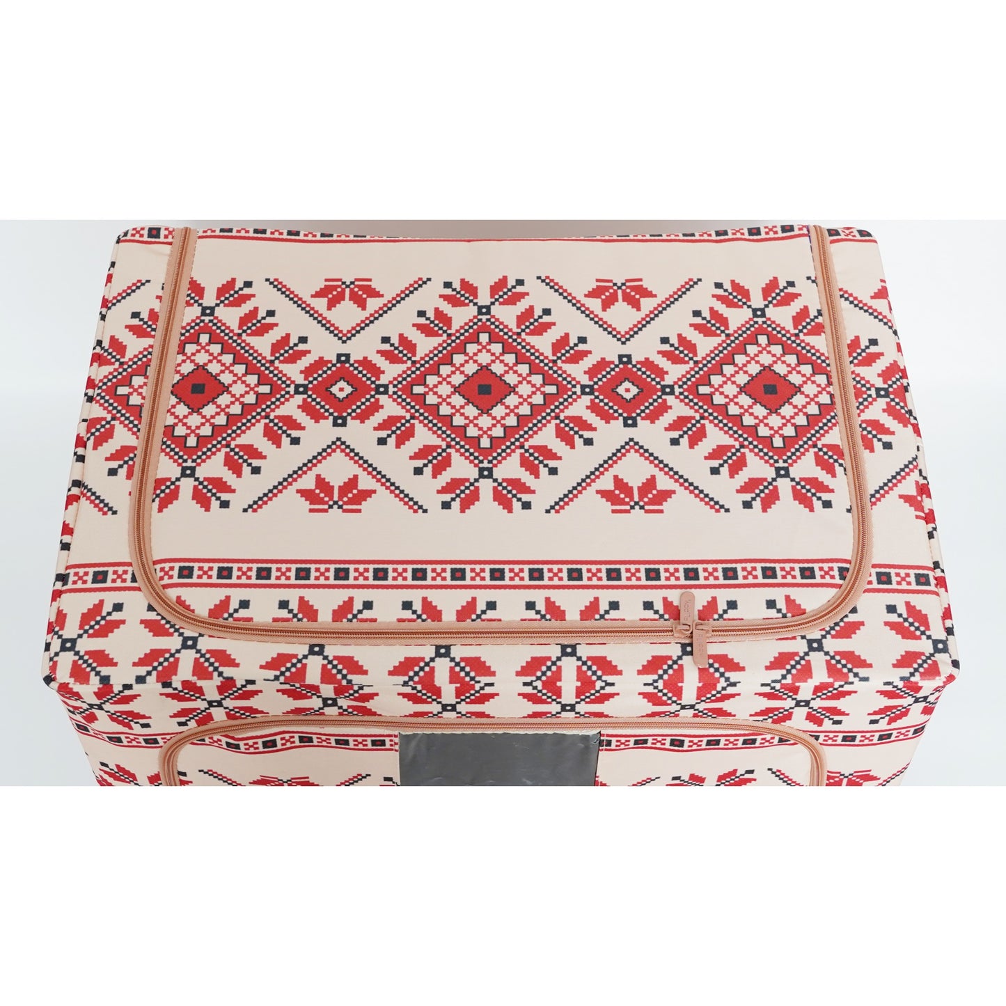 Cutie depozitare pliabila 100L din bumbac si in, 60x42x40cm , cu fereastra frontală , 2 uși de acces cu fermoar bidirectional si cadru metalic Model 2