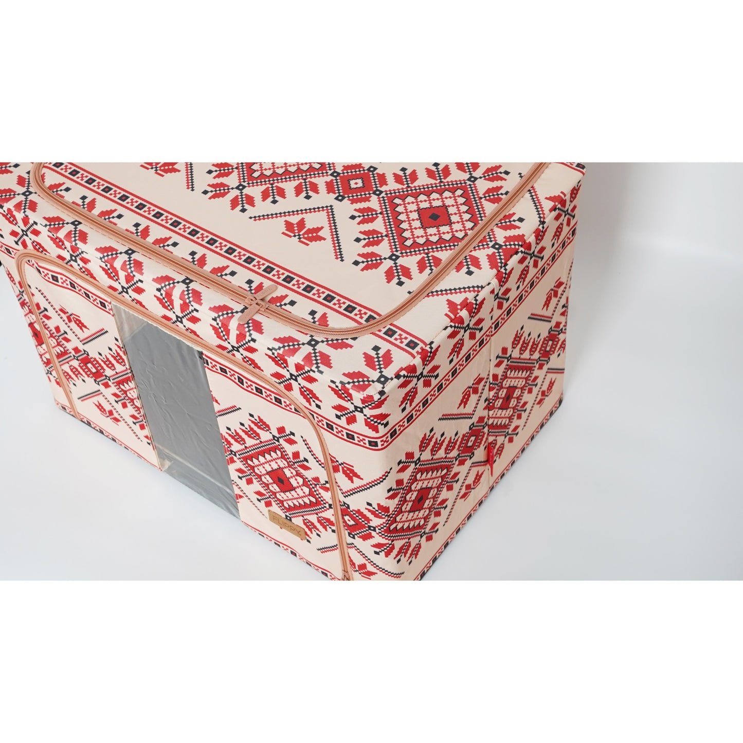 Cutie depozitare pliabila 100L din bumbac si in, 60x42x40cm , cu fereastra frontală , 2 uși de acces cu fermoar bidirectional si cadru metalic Model 2