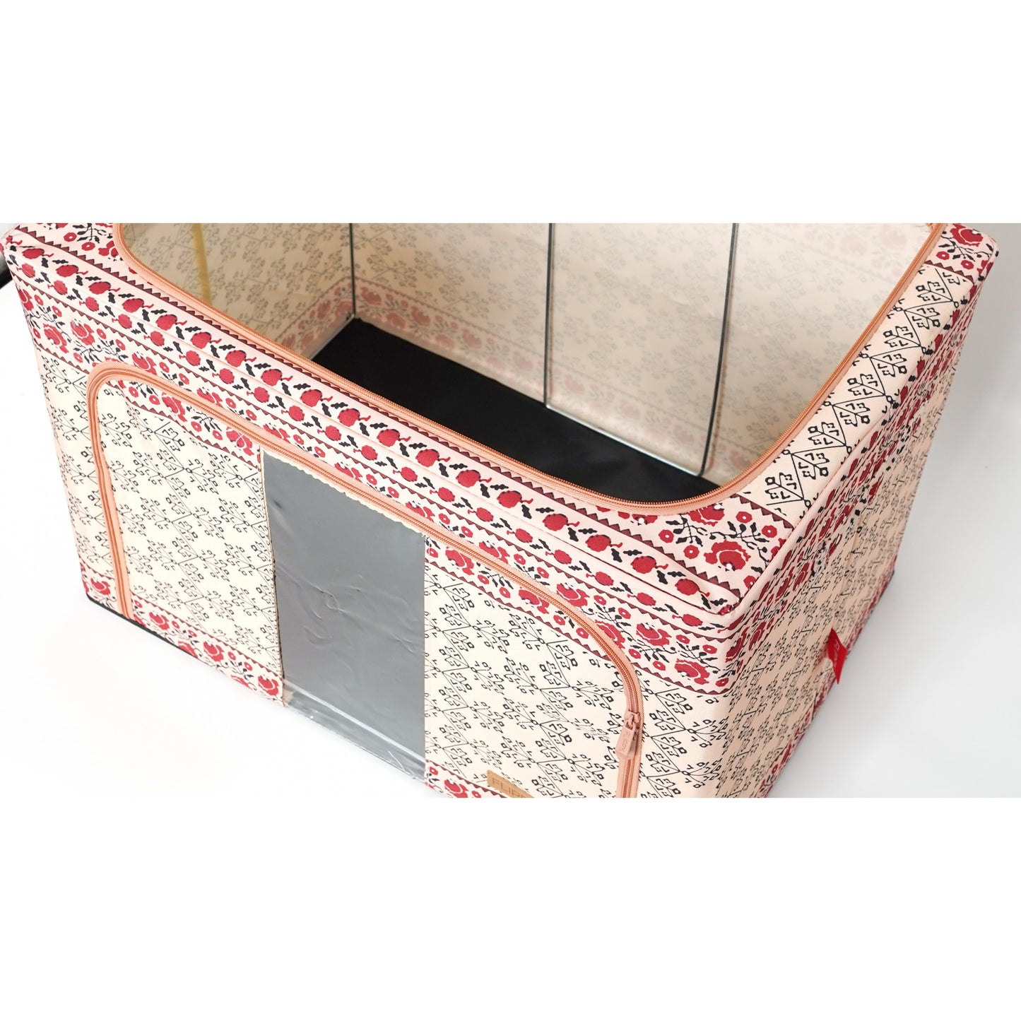 Cutie de Depozitare Pliabila, 100 L din Bumbac si In, 60X42X40 cm, Fereastra Frontala, 2 Usi de Acces cu Fermoar Bidirectional, Cadru Metalic, Suport Baza Stabil din Plastic, Motiv Traditonal Model 3