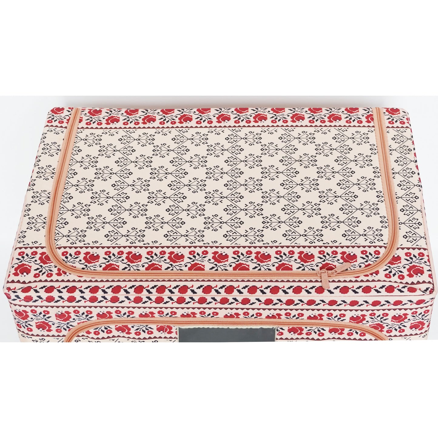 Cutie de Depozitare Pliabila, 100 L din Bumbac si In, 60X42X40 cm, Fereastra Frontala, 2 Usi de Acces cu Fermoar Bidirectional, Cadru Metalic, Suport Baza Stabil din Plastic, Motiv Traditonal Model 3