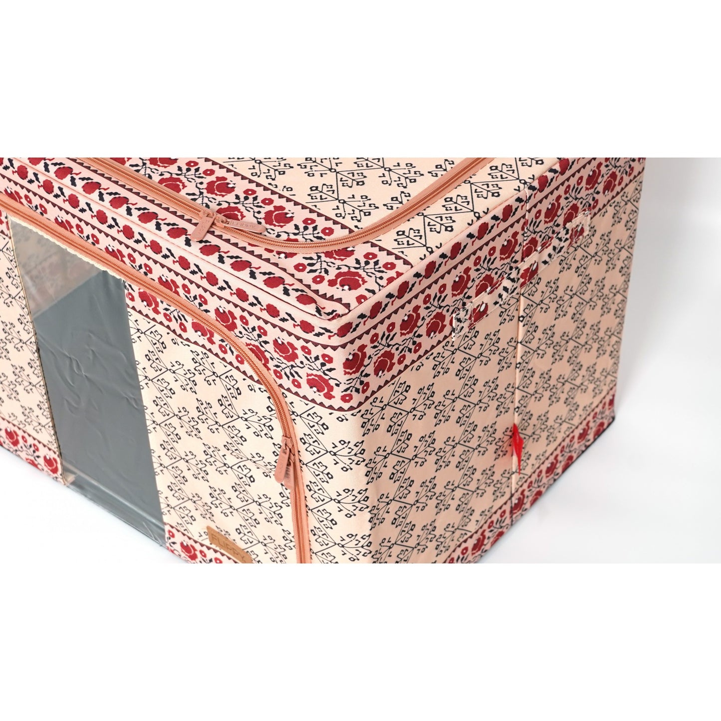 Cutie de Depozitare Pliabila, 100 L din Bumbac si In, 60X42X40 cm, Fereastra Frontala, 2 Usi de Acces cu Fermoar Bidirectional, Cadru Metalic, Suport Baza Stabil din Plastic, Motiv Traditonal Model 3