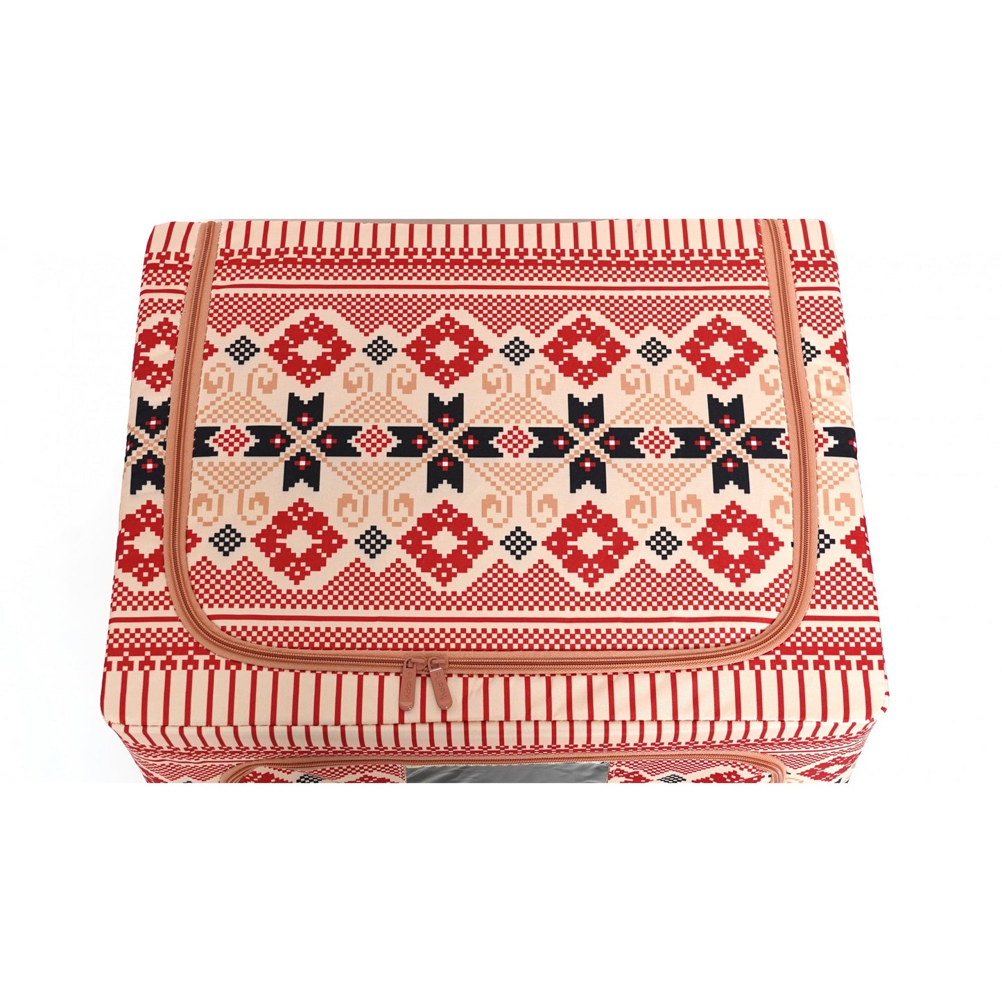 Cutie depozitare pliabila 100L din bumbac si in, 60x42x40cm , cu fereastra frontală , 2 uși de acces cu fermoar bidirectional si cadru metalic