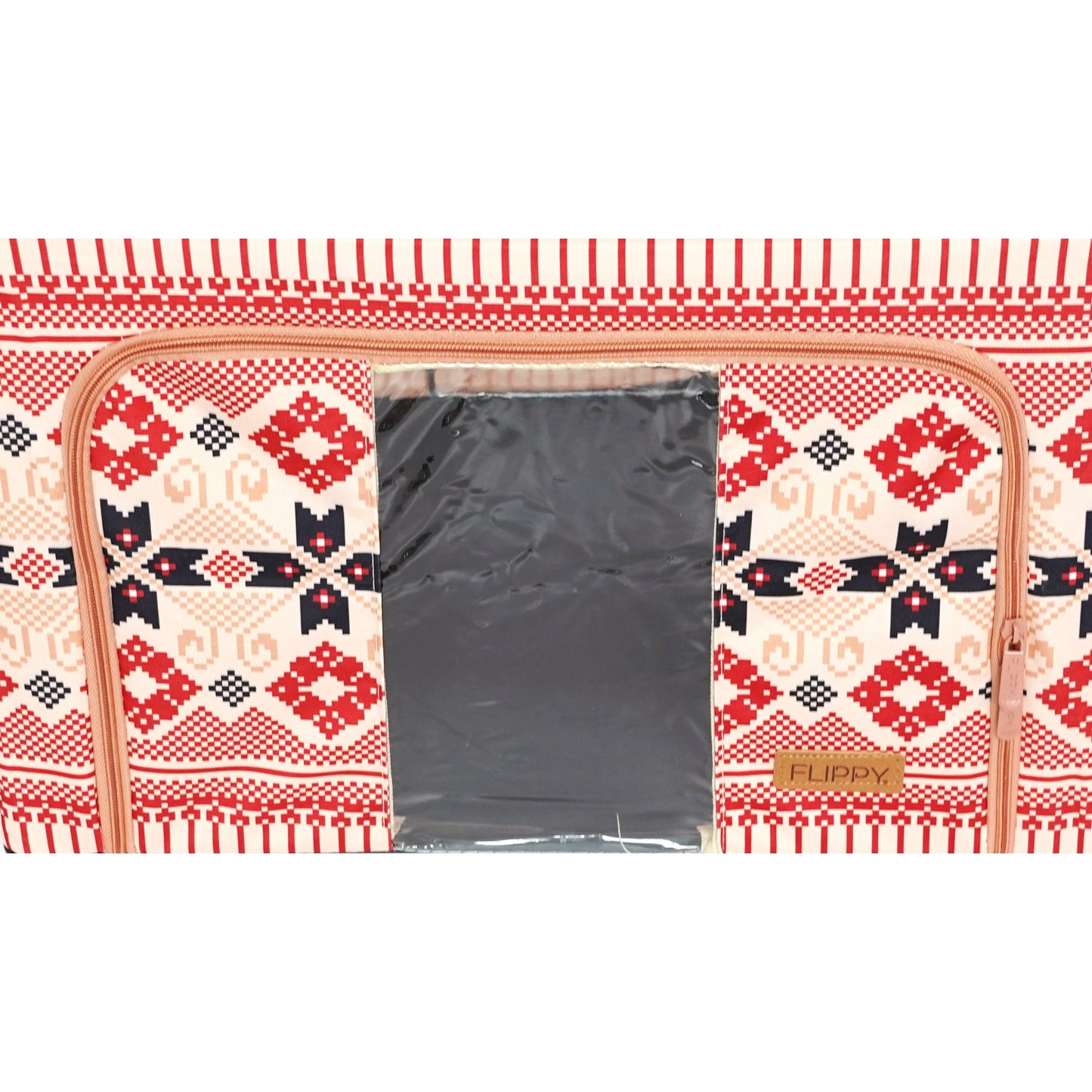 Cutie depozitare pliabila 100L din bumbac si in, 60x42x40cm , cu fereastra frontală , 2 uși de acces cu fermoar bidirectional si cadru metalic