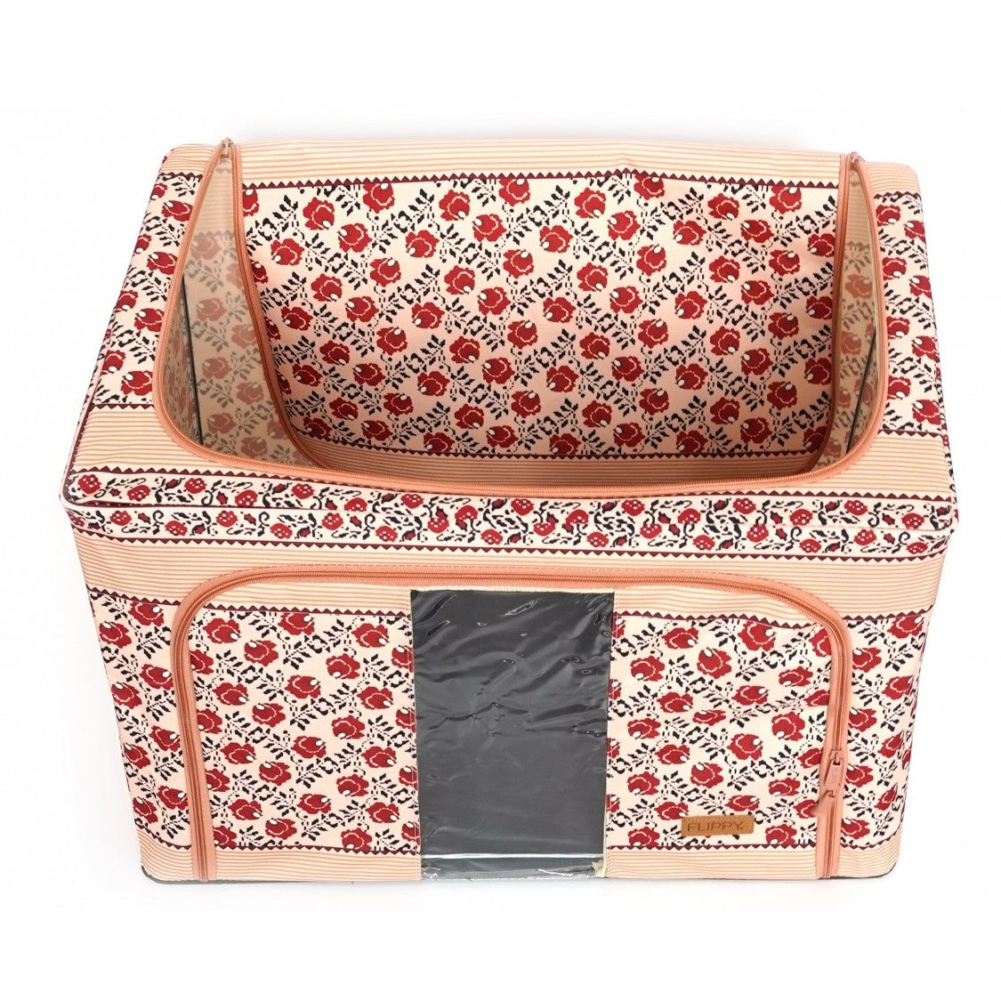 Cutie de Depozitare Pliabila, 100 L din Bumbac si In, 60X42X40 cm, Fereastra Frontala, 2 Usi de Acces cu Fermoar Bidirectional, Cadru Metalic, Suport Baza Stabil din Plastic, Motiv Traditonal Model 4