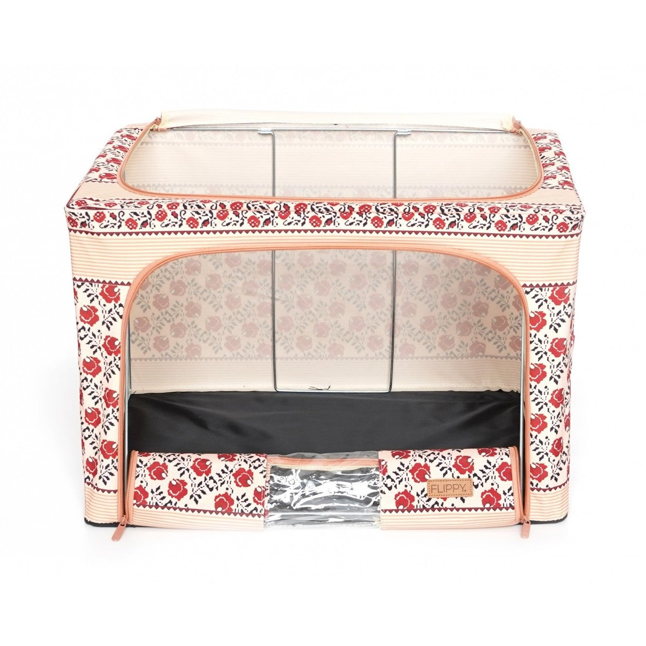 Cutie de Depozitare Pliabila, 100 L din Bumbac si In, 60X42X40 cm, Fereastra Frontala, 2 Usi de Acces cu Fermoar Bidirectional, Cadru Metalic, Suport Baza Stabil din Plastic, Motiv Traditonal Model 4