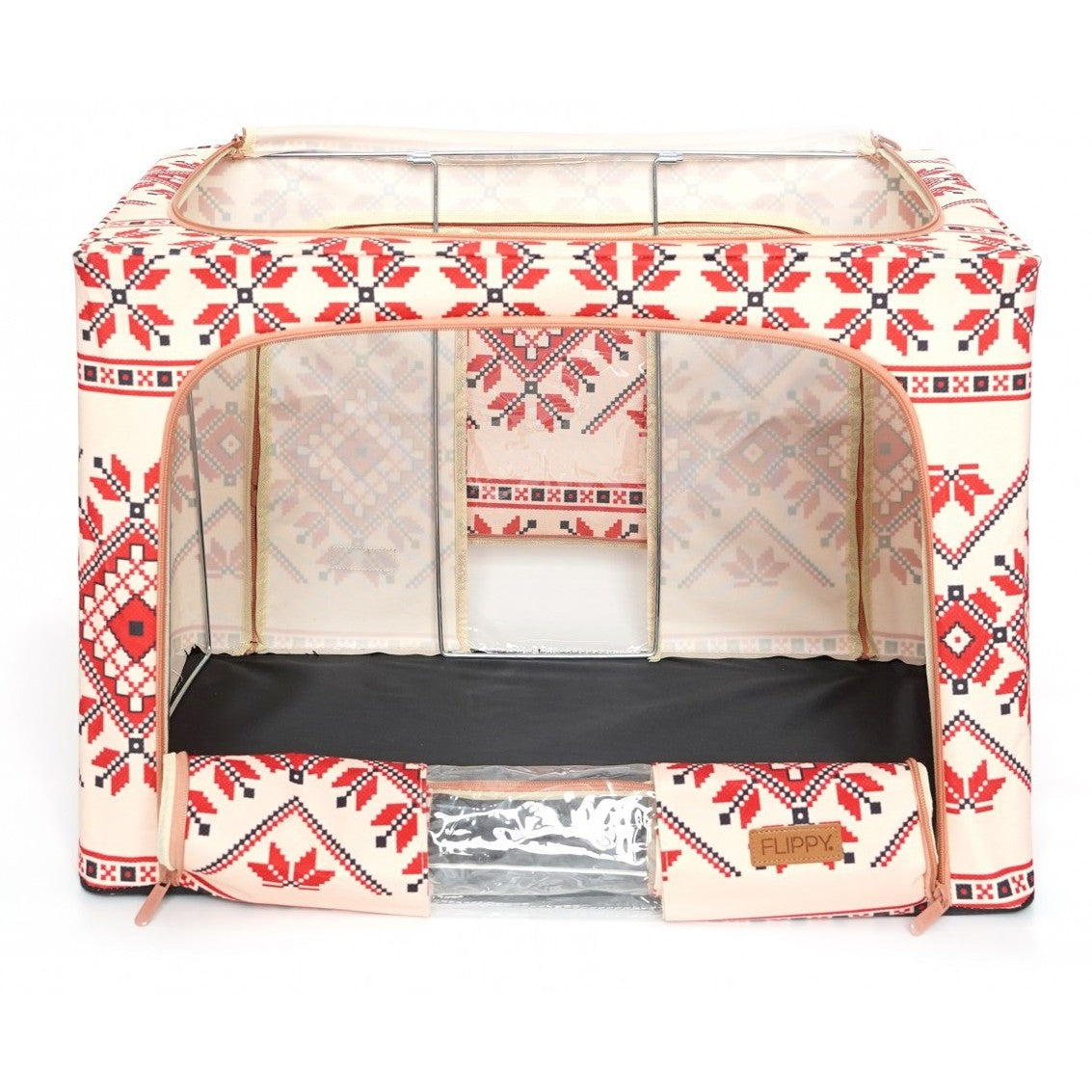 Cutie depozitare pliabila 100L din bumbac si in, 60x42x40cm , cu fereastra frontală , 2 uși de acces cu fermoar bidirectional si cadru metalic Model 2