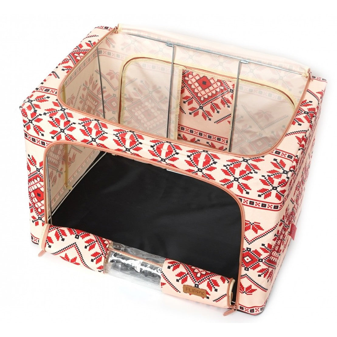 Cutie depozitare pliabila 100L din bumbac si in, 60x42x40cm , cu fereastra frontală , 2 uși de acces cu fermoar bidirectional si cadru metalic Model 2