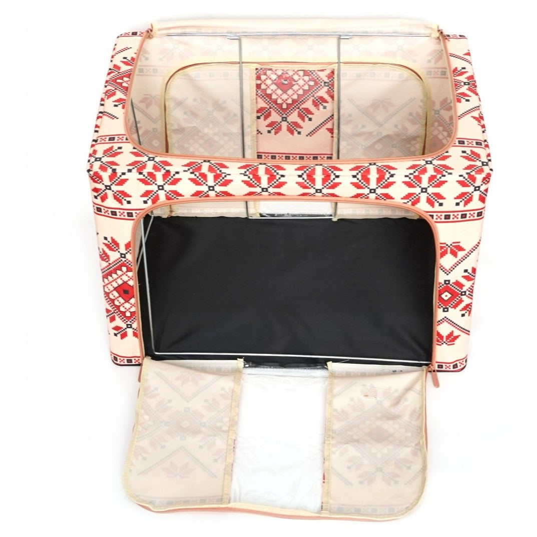 Cutie depozitare pliabila 100L din bumbac si in, 60x42x40cm , cu fereastra frontală , 2 uși de acces cu fermoar bidirectional si cadru metalic Model 2