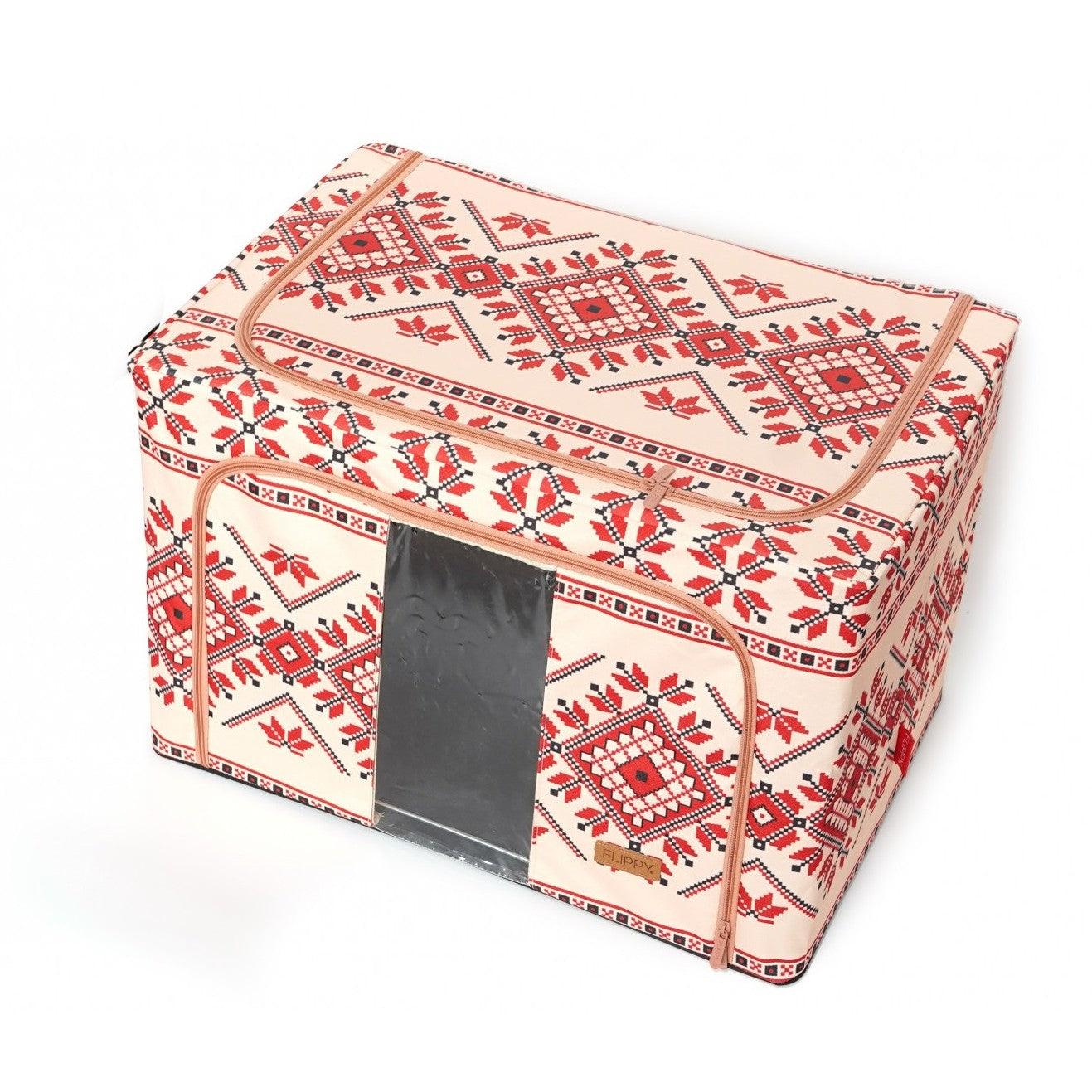 Cutie depozitare pliabila 100L din bumbac si in, 60x42x40cm , cu fereastra frontală , 2 uși de acces cu fermoar bidirectional si cadru metalic Model 2