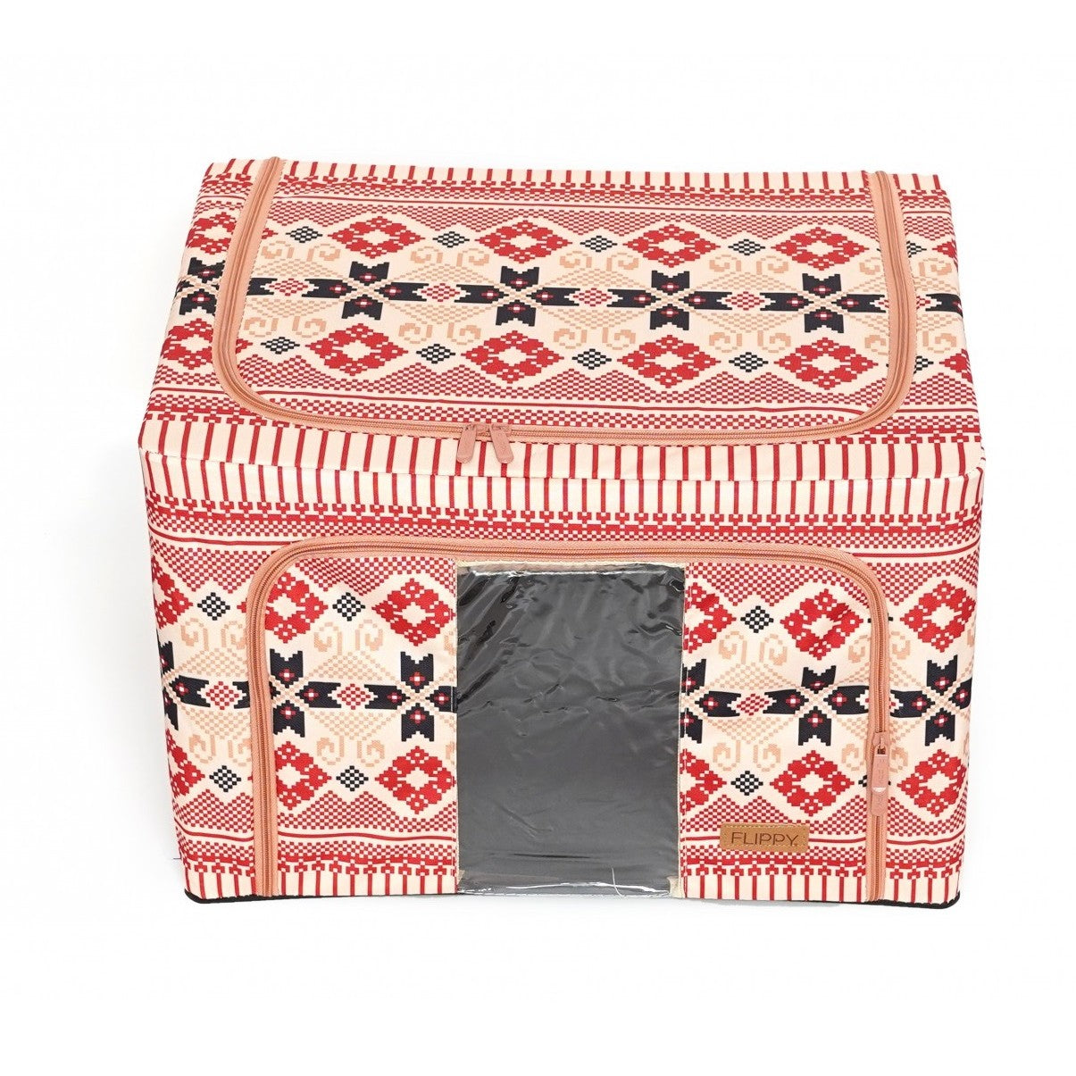 Cutie de Depozitare Pliabila, 66 L din Bumbac si In, 52 x 42 x 39 cm, Fereastra Frontala, 2 Usi de Acces cu Fermoar Bidirectional, Cadru Metalic, Suport Baza Stabil din Plastic, Motiv Traditional Model 5
