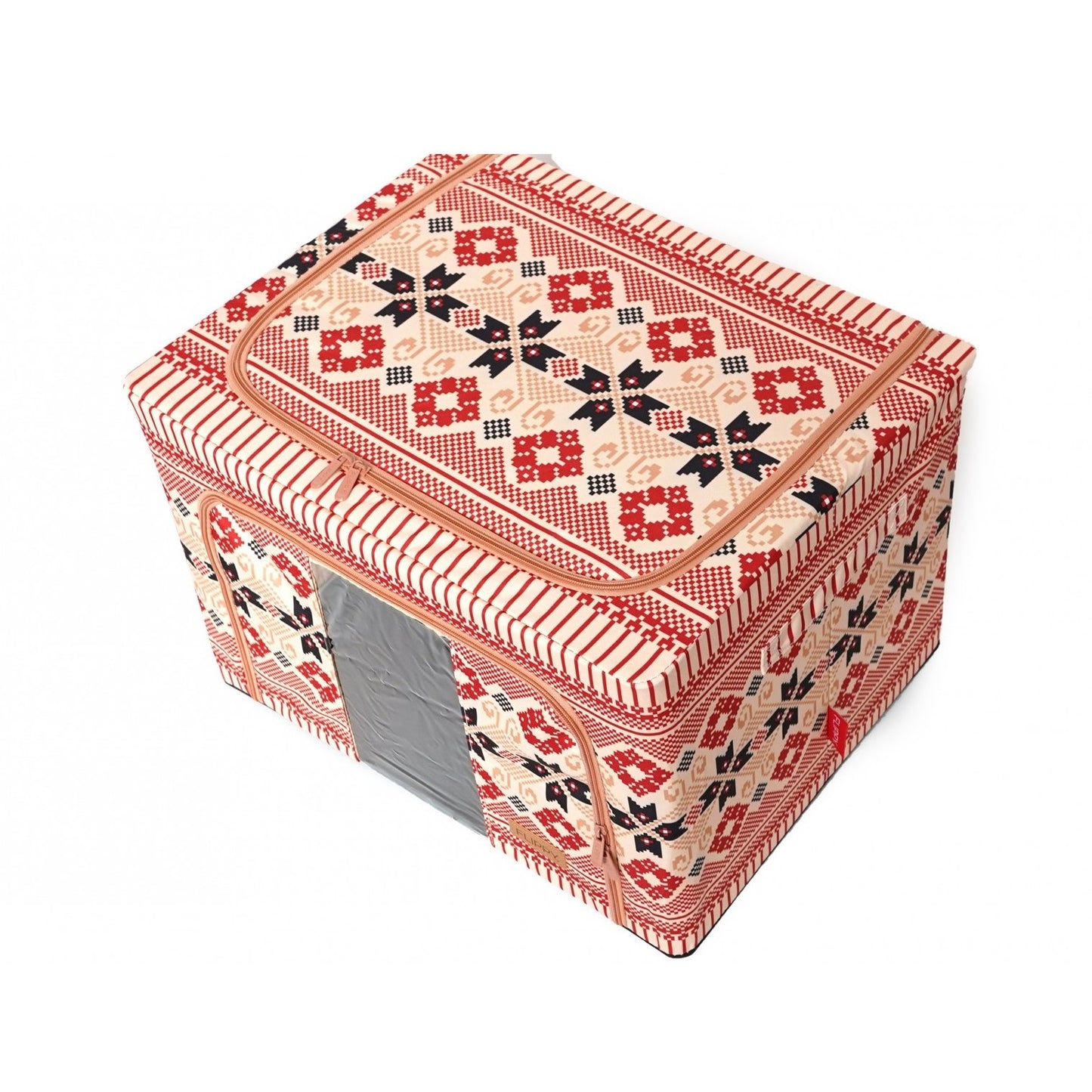 Cutie de Depozitare Pliabila, 66 L din Bumbac si In, 52 x 42 x 39 cm, Fereastra Frontala, 2 Usi de Acces cu Fermoar Bidirectional, Cadru Metalic, Suport Baza Stabil din Plastic, Motiv Traditional Model 5