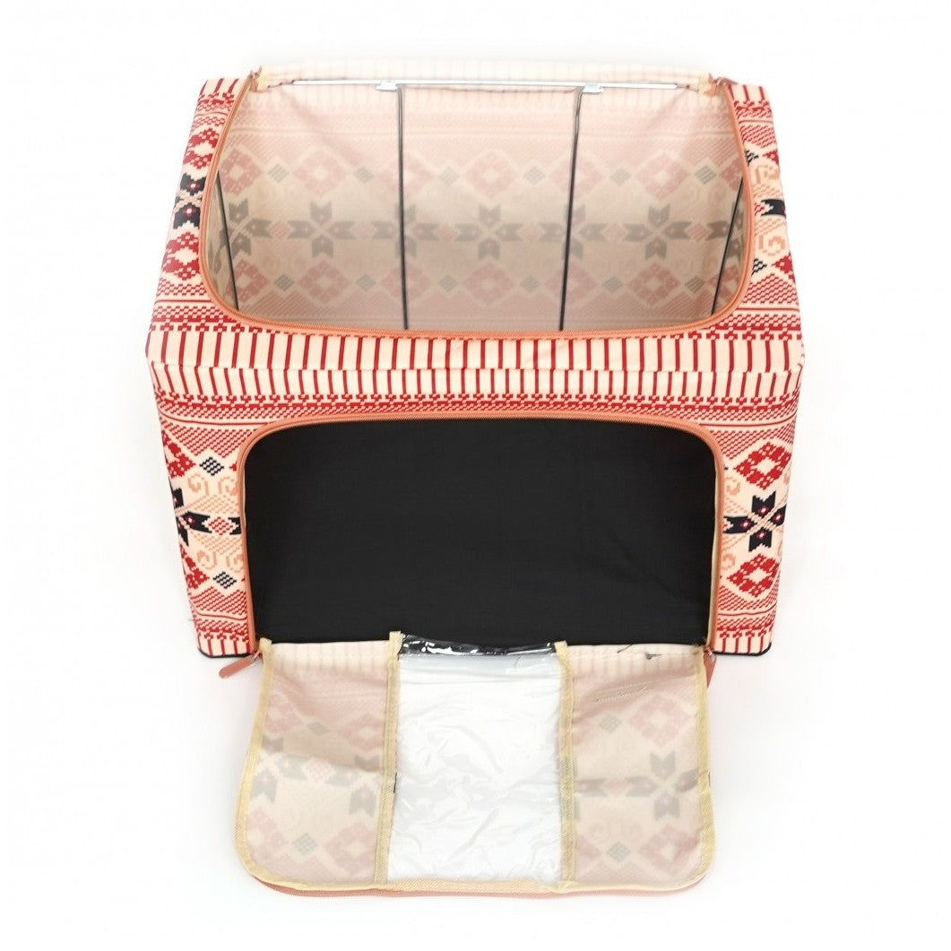 Cutie de Depozitare Pliabila, 66 L din Bumbac si In, 52 x 42 x 39 cm, Fereastra Frontala, 2 Usi de Acces cu Fermoar Bidirectional, Cadru Metalic, Suport Baza Stabil din Plastic, Motiv Traditional Model 5