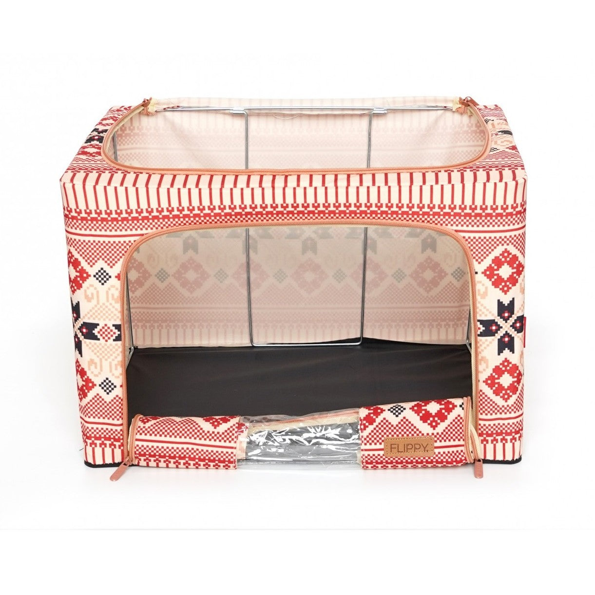 Cutie de Depozitare Pliabila, 66 L din Bumbac si In, 52 x 42 x 39 cm, Fereastra Frontala, 2 Usi de Acces cu Fermoar Bidirectional, Cadru Metalic, Suport Baza Stabil din Plastic, Motiv Traditional Model 5