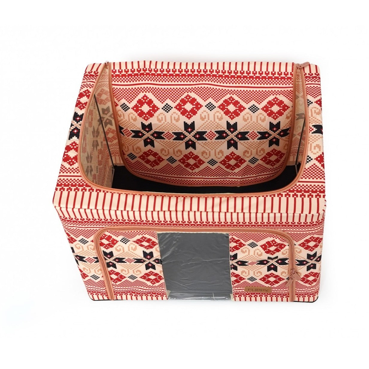 Cutie de Depozitare Pliabila, 66 L din Bumbac si In, 52 x 42 x 39 cm, Fereastra Frontala, 2 Usi de Acces cu Fermoar Bidirectional, Cadru Metalic, Suport Baza Stabil din Plastic, Motiv Traditional Model 5