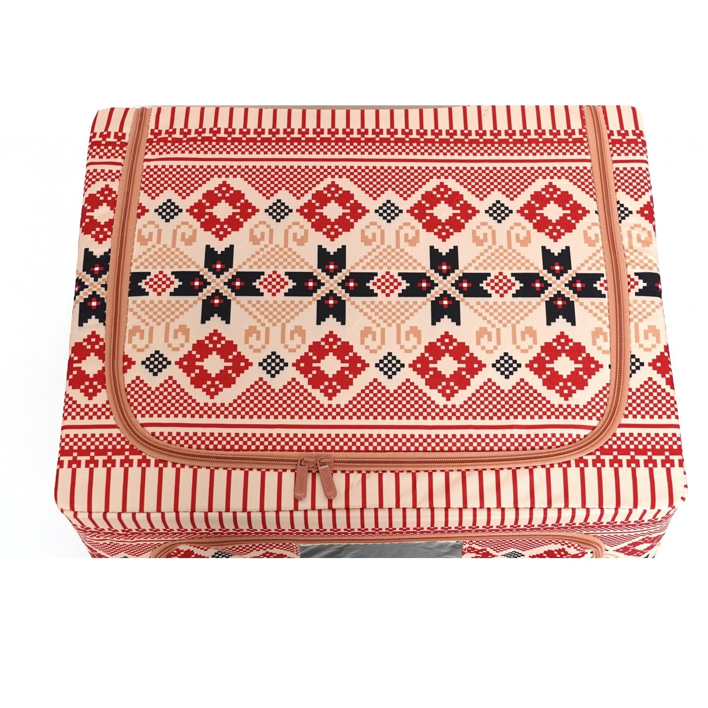 Cutie de Depozitare Pliabila, 66 L din Bumbac si In, 52 x 42 x 39 cm, Fereastra Frontala, 2 Usi de Acces cu Fermoar Bidirectional, Cadru Metalic, Suport Baza Stabil din Plastic, Motiv Traditional Model 5