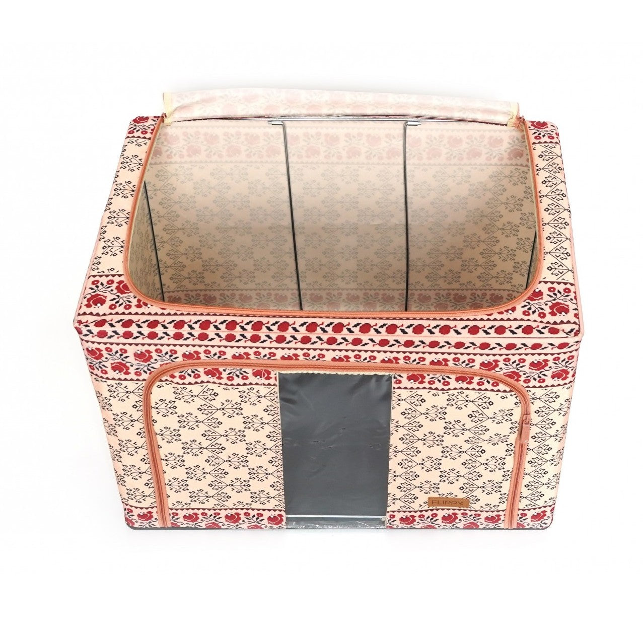Cutie de Depozitare Pliabila, 66 L din Bumbac si In, 52 x 42 x 39 cm, Fereastra Frontala, 2 Usi de Acces cu Fermoar Bidirectional, Cadru Metalic, Suport Baza Stabil din Plastic, Motiv Traditional Model 6