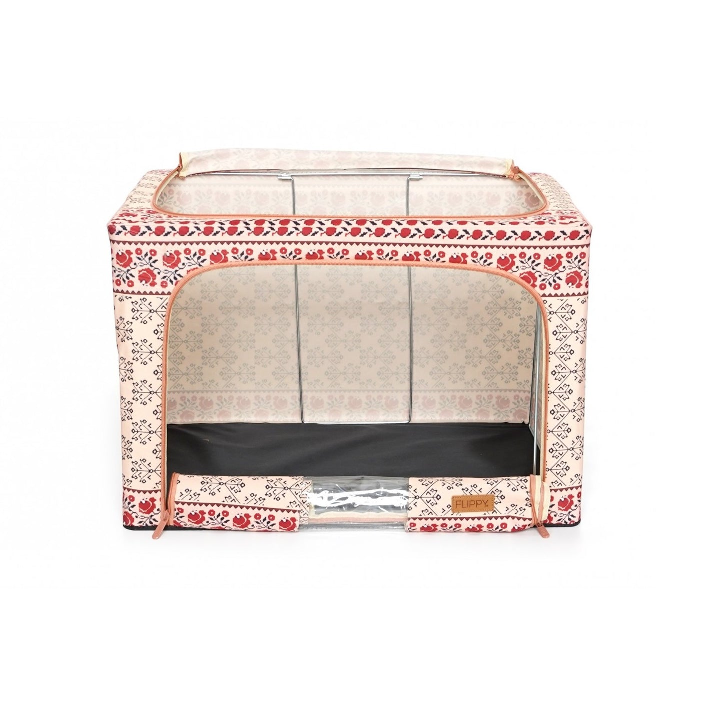 Cutie de Depozitare Pliabila, 66 L din Bumbac si In, 52 x 42 x 39 cm, Fereastra Frontala, 2 Usi de Acces cu Fermoar Bidirectional, Cadru Metalic, Suport Baza Stabil din Plastic, Motiv Traditional Model 6