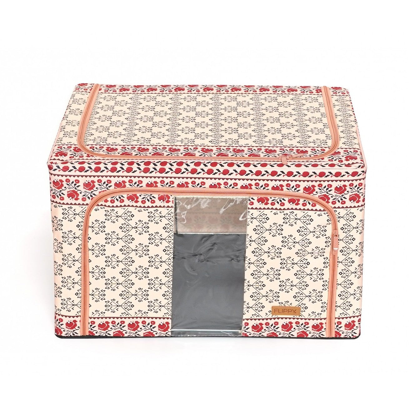 Cutie de Depozitare Pliabila, 66 L din Bumbac si In, 52 x 42 x 39 cm, Fereastra Frontala, 2 Usi de Acces cu Fermoar Bidirectional, Cadru Metalic, Suport Baza Stabil din Plastic, Motiv Traditional Model 6