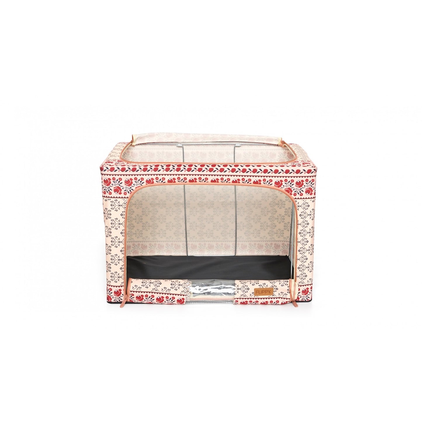 Cutie de Depozitare Pliabila, 66 L din Bumbac si In, 52 x 42 x 39 cm, Fereastra Frontala, 2 Usi de Acces cu Fermoar Bidirectional, Cadru Metalic, Suport Baza Stabil din Plastic, Motiv Traditional Model 6