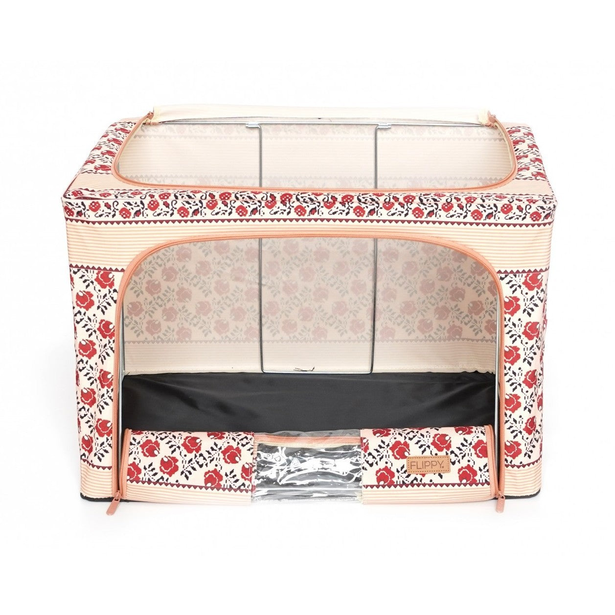 Cutie de Depozitare Pliabila, 66 L din Bumbac si In, 52 x 42 x 39 cm, Fereastra Frontala, 2 Usi de Acces cu Fermoar Bidirectional, Cadru Metalic, Suport Baza Stabil din Plastic, Motiv Traditional Model 7