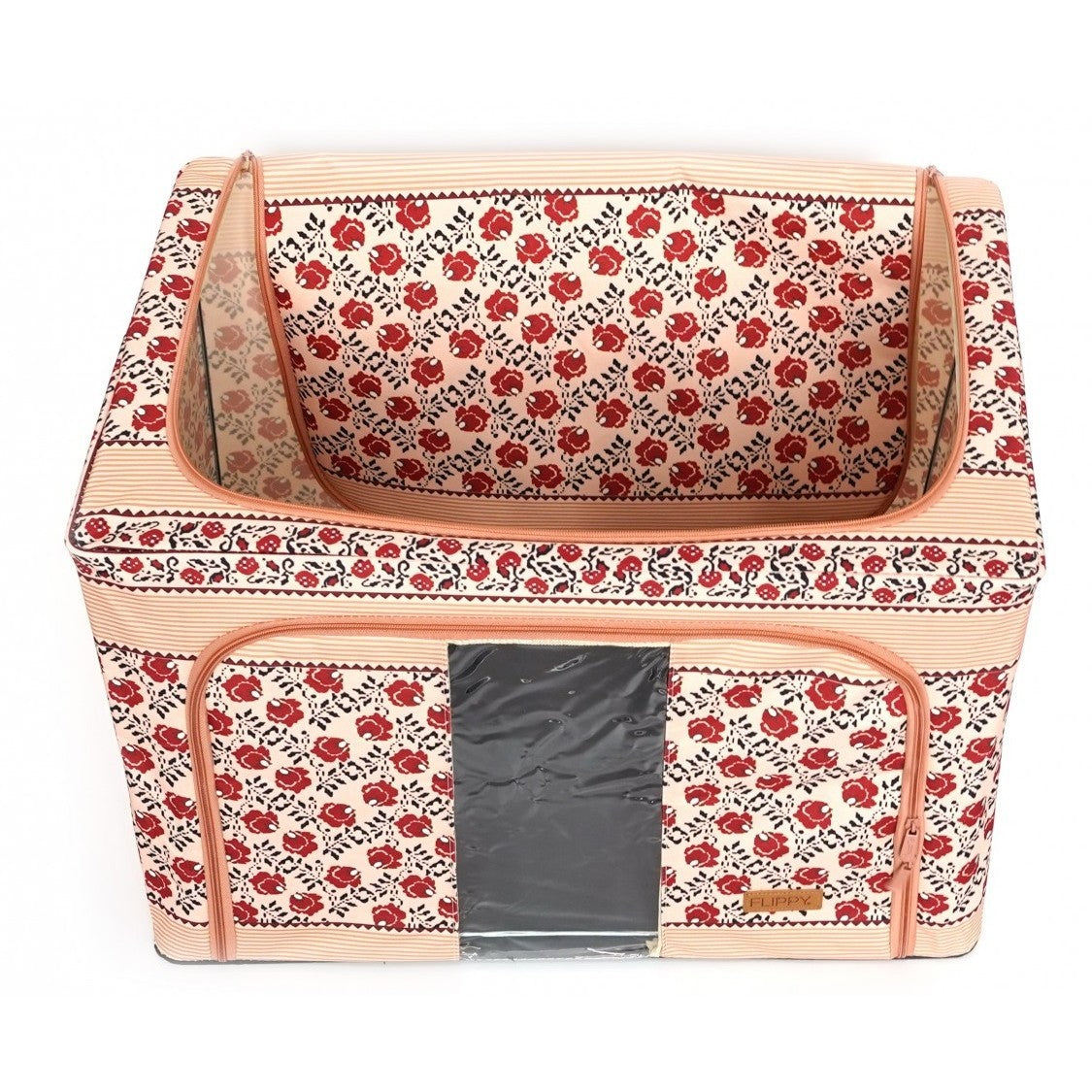 Cutie de Depozitare Pliabila, 66 L din Bumbac si In, 52 x 42 x 39 cm, Fereastra Frontala, 2 Usi de Acces cu Fermoar Bidirectional, Cadru Metalic, Suport Baza Stabil din Plastic, Motiv Traditional Model 7